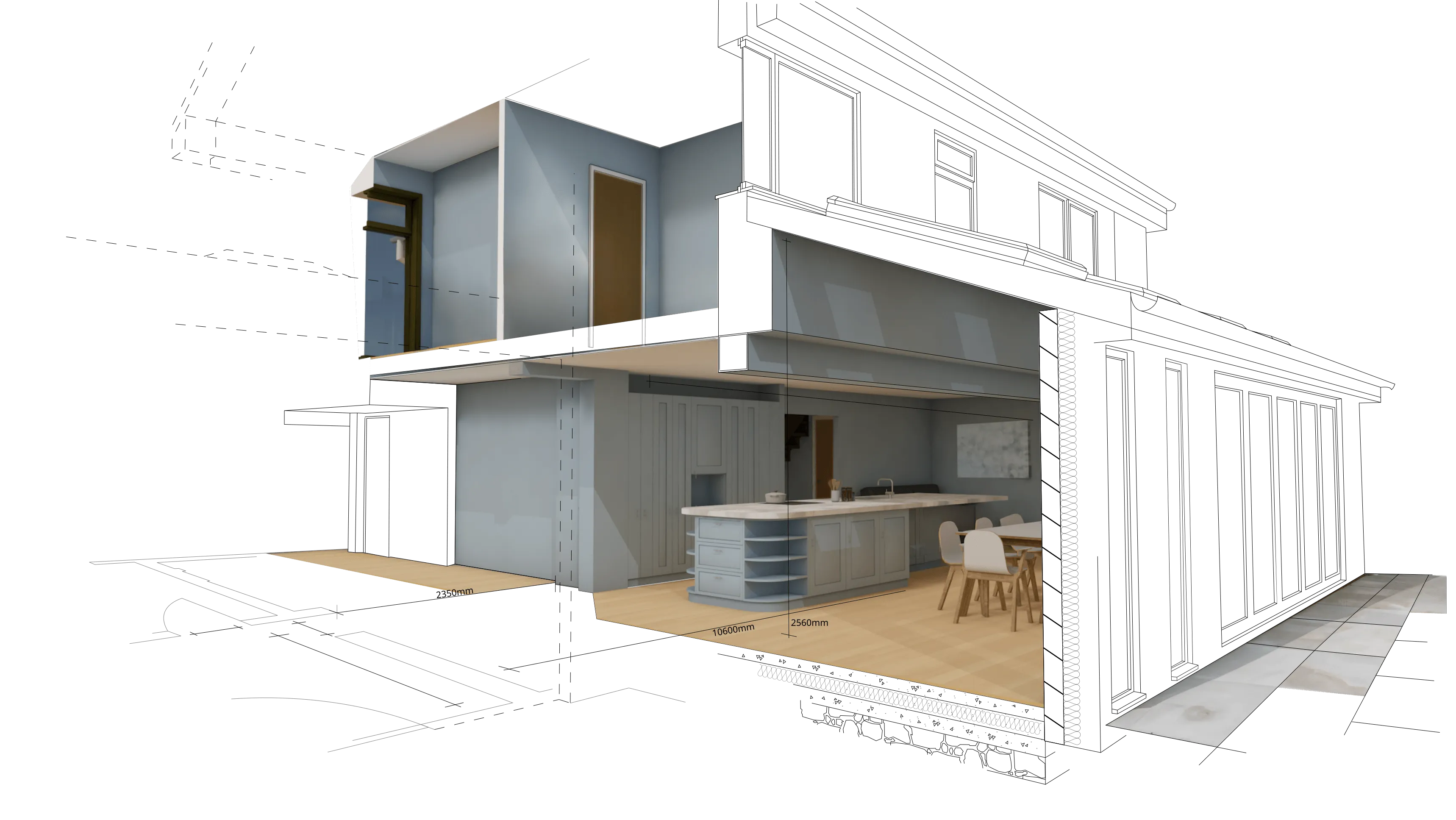 Architectural cutaway of a house showing internal structural details